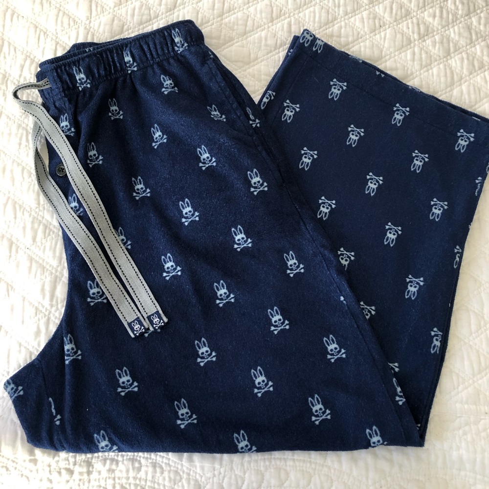 Psycho Bunny Navy Blue Fleece Pants with White Bunny Print